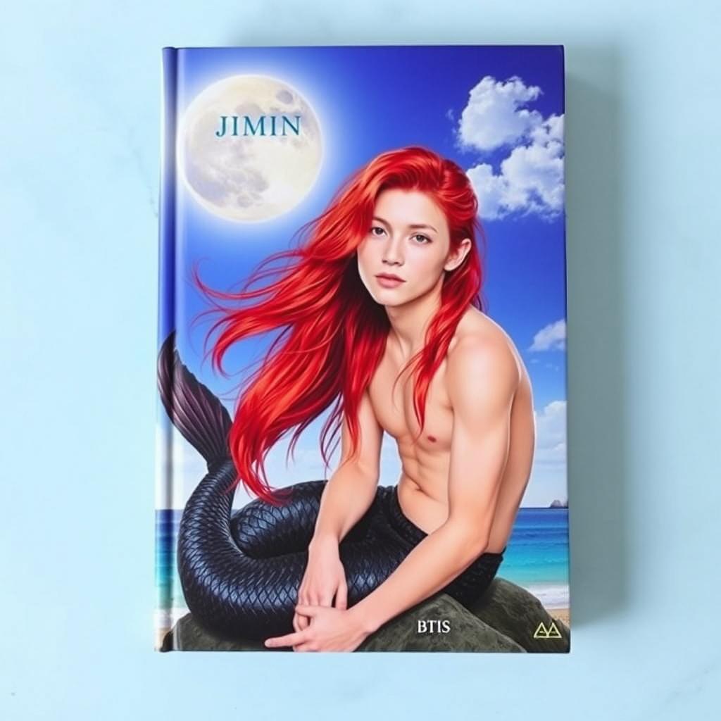 Book cover featuring Jimin from BTS with vibrant red hair and striking blue eyes