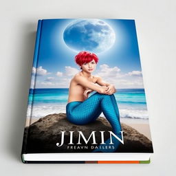 Book cover featuring Jimin from BTS with vibrant red hair and striking blue eyes