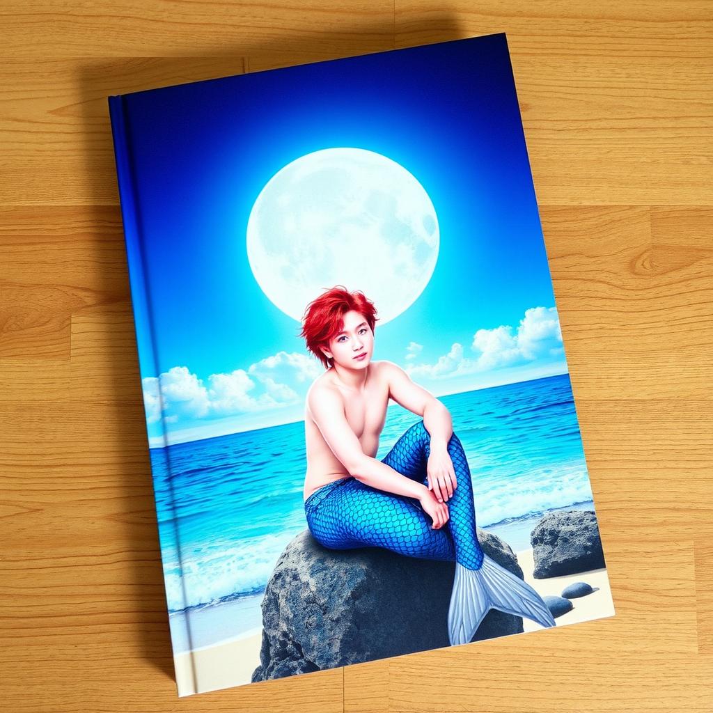 Book cover featuring Jimin from BTS with vibrant red hair and striking blue eyes