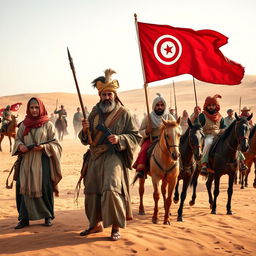 Create an A3 portrait image depicting Tunisian vagabonds with their weapons and traditional Tunisian attire during the war against France