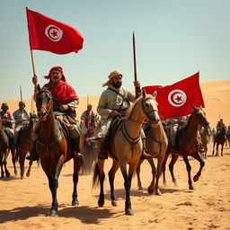 Create an A3 portrait image depicting Tunisian vagabonds with their weapons and traditional Tunisian attire during the war against France