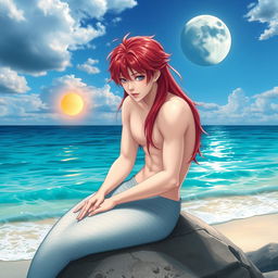 Jimin from BTS with vibrant red hair and striking blue eyes, portrayed with a mermaid tail, sitting on a rock by a beautiful beach