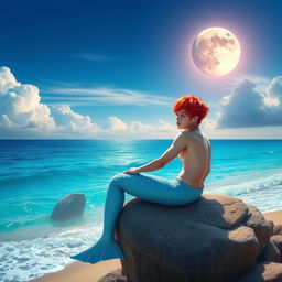 Jimin from BTS with vibrant red hair and striking blue eyes, portrayed with a mermaid tail, sitting on a rock by a beautiful beach