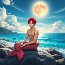 Jimin from BTS with vibrant red hair and striking blue eyes, portrayed with a mermaid tail, sitting on a rock by a beautiful beach