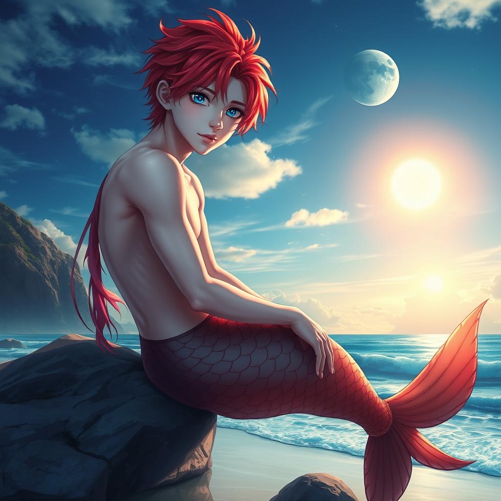 Jimin from BTS with vibrant red hair and striking blue eyes, portrayed with a mermaid tail, sitting on a rock by a beautiful beach