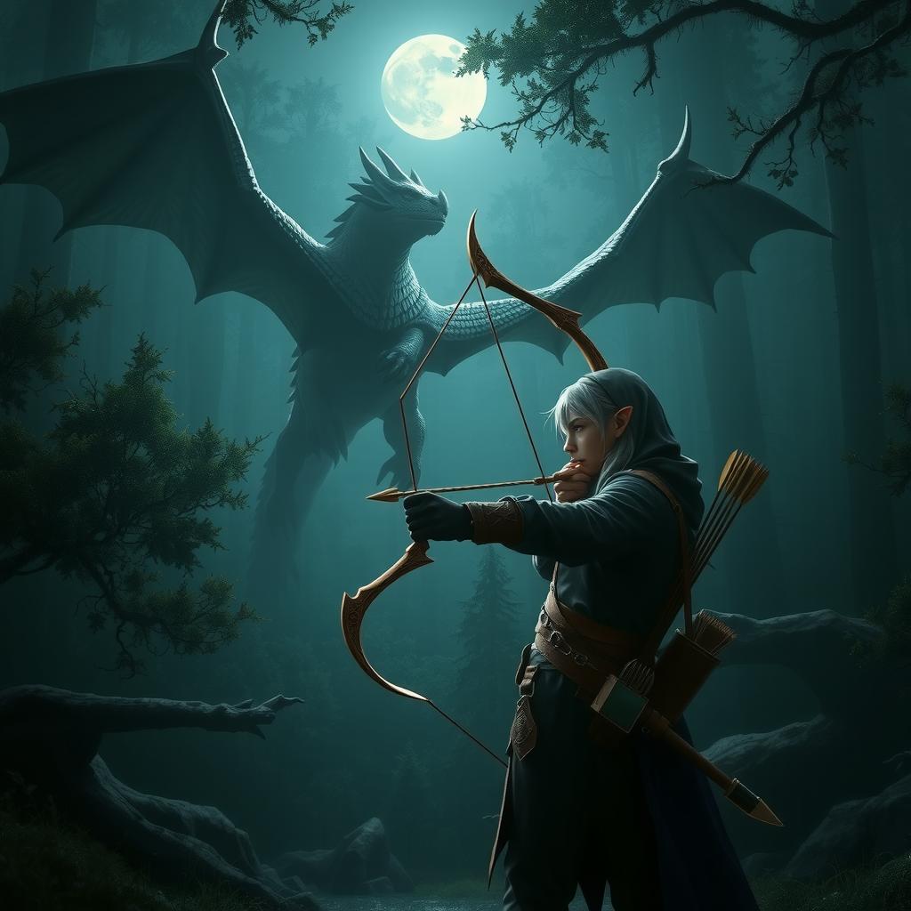 A half-elf gloom stalker ranger aims his bow at a massive dragon in a dark forest, illuminated by moonlight