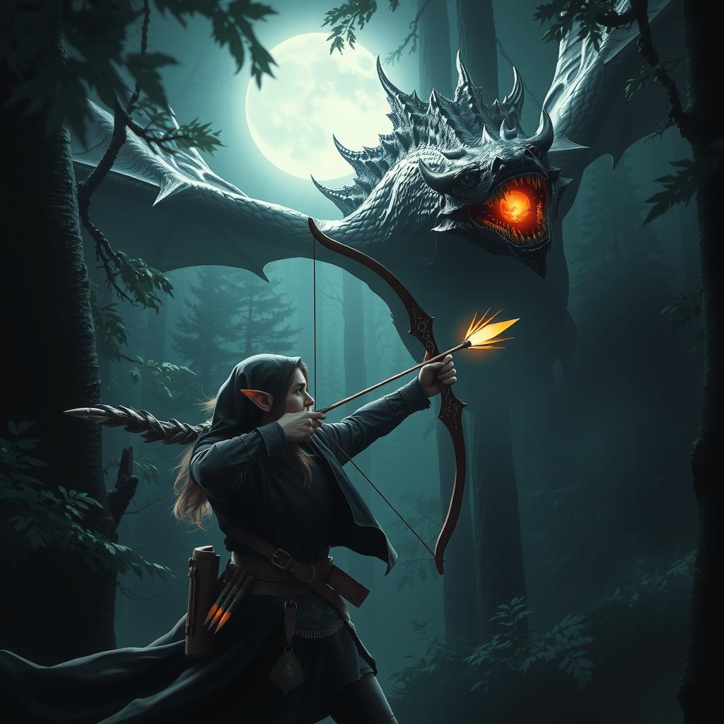 A half-elf gloom stalker ranger shoots an arrow at a massive dragon in a dark forest