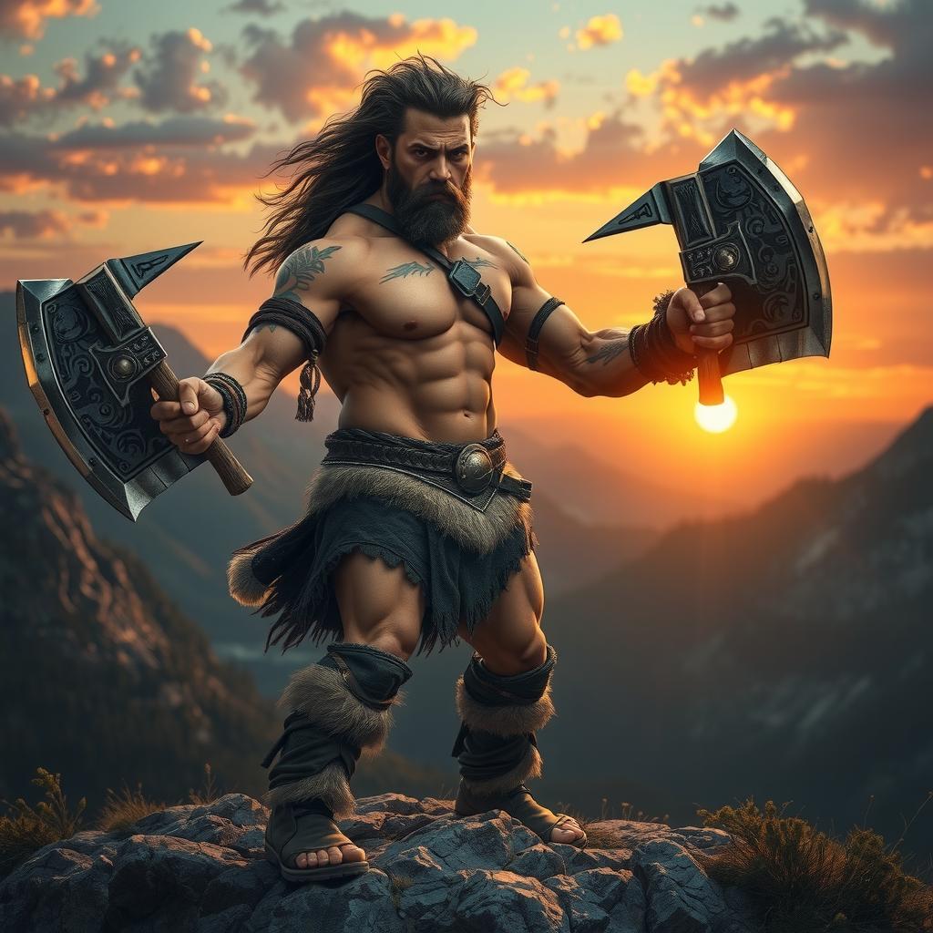 A heavily muscled barbarian stands ready for battle, dual-wielding massive axes