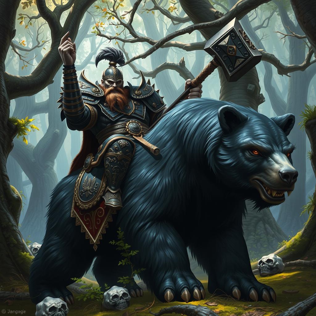 A duergar paladin, clad in dark armor and holding a glowing warhammer, rides a dire black bear through an ancient forest