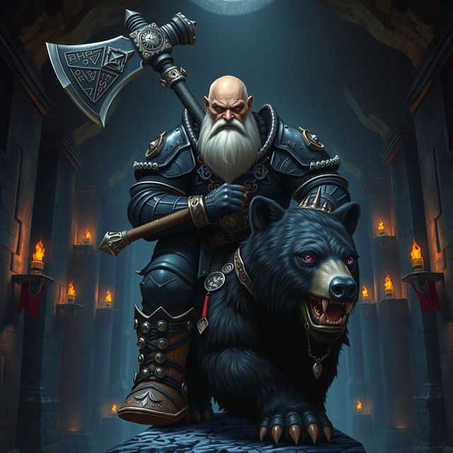 A bald duergar paladin with purple eyes and a thick white beard, holding a massive battle axe, rides a black cave bear in an ancient underground fortress