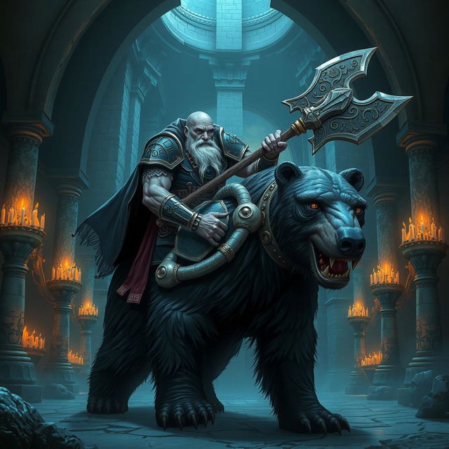 A bald duergar paladin with purple eyes, a thick white beard, and charcoal skin, holding a battle axe, rides a massive black cave bear in an ancient underground fortress