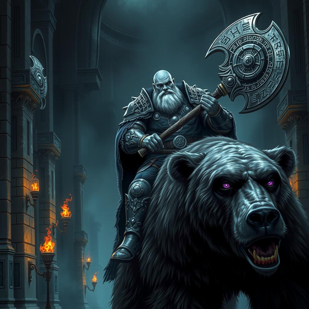 A bald duergar paladin with purple eyes, a thick white beard, and charcoal skin, holding a battle axe, rides a massive hairy bear in an ancient underground fortress