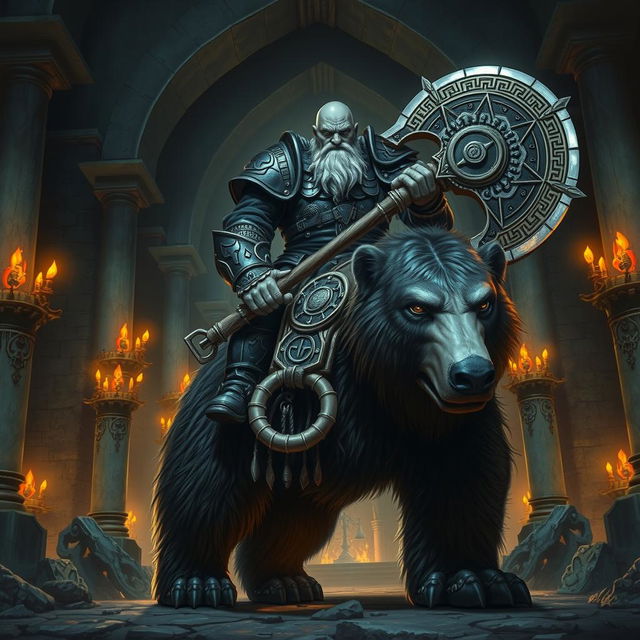 A bald duergar paladin with purple eyes, a thick white beard, and charcoal skin, holding a battle axe, rides a massive hairy bear in an ancient underground fortress