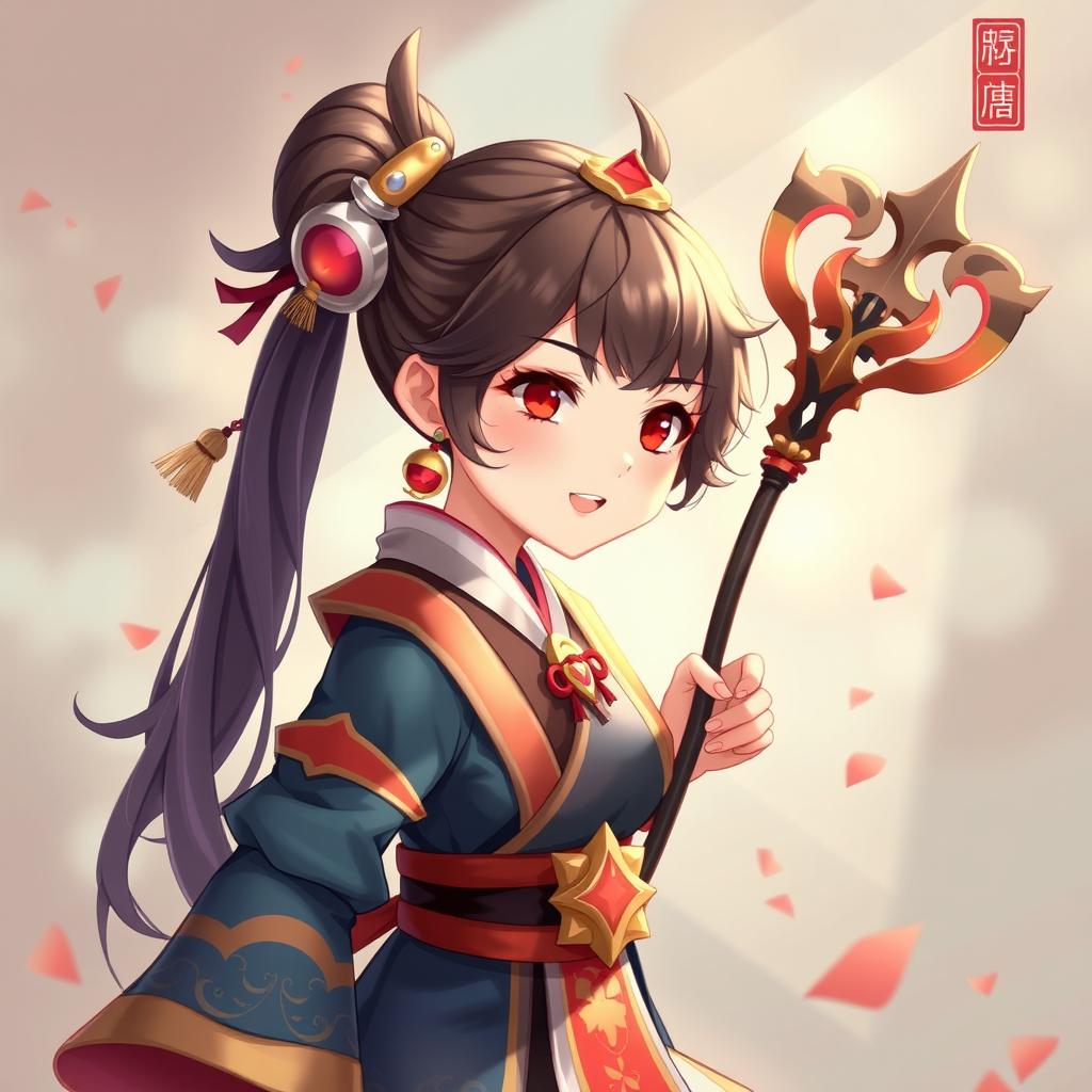 Create a detailed and vibrant image of Hu Tao, a character from Genshin Impact, in her traditional outfit with her signature staff