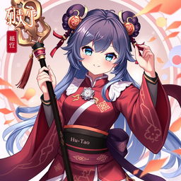 Create a detailed and vibrant image of Hu Tao, a character from Genshin Impact, in her traditional outfit with her signature staff