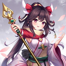 Create a detailed and vibrant image of Hu Tao, a character from Genshin Impact, in her traditional outfit with her signature staff