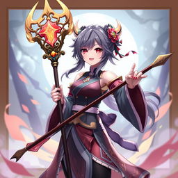 Create a detailed and vibrant image of Hu Tao, a character from Genshin Impact, in her traditional outfit with her signature staff