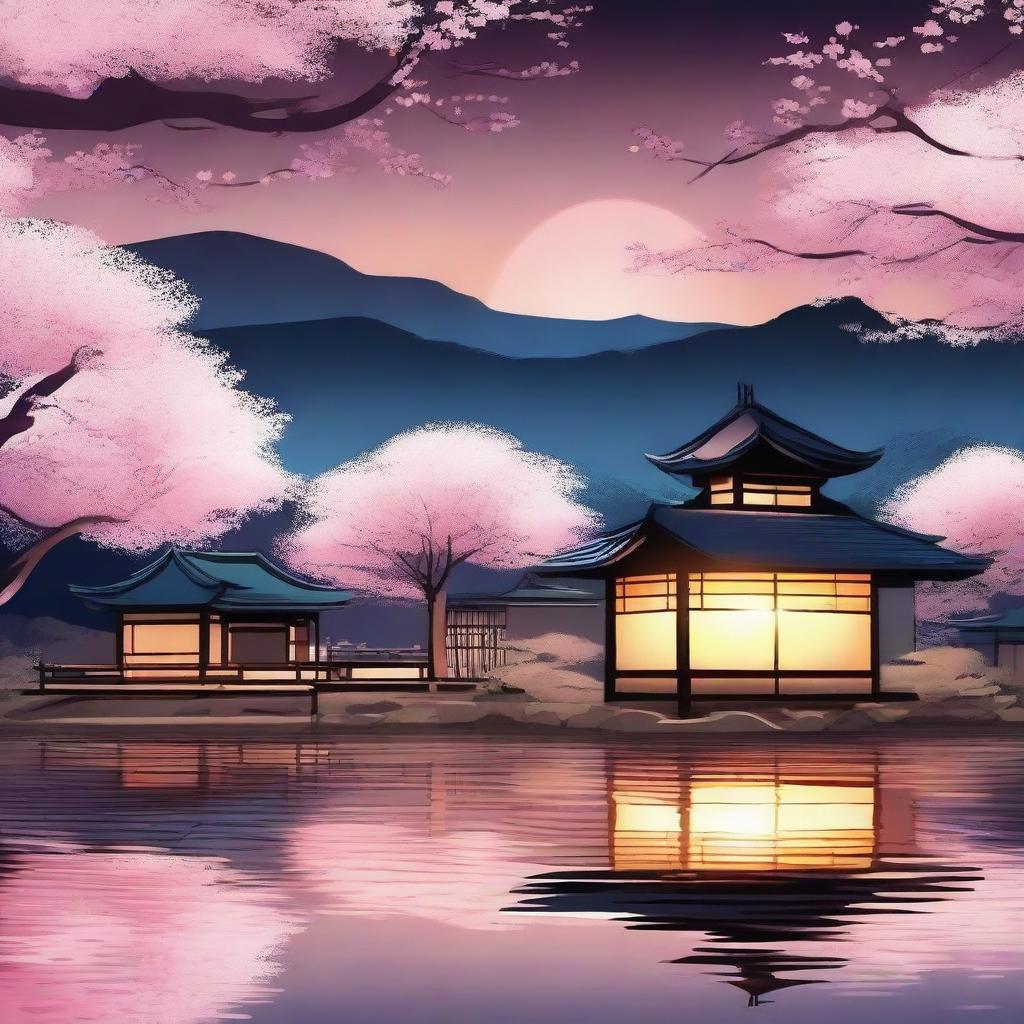 A serene night scene with manga-style cherry blossom trees by a lake