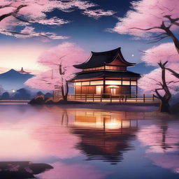 A serene night scene with manga-style cherry blossom trees by a lake