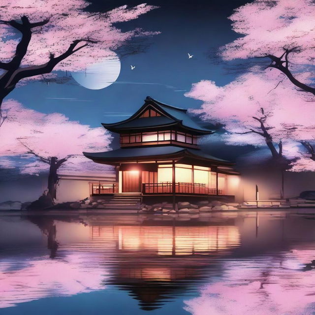 A serene night scene with manga-style cherry blossom trees by a lake