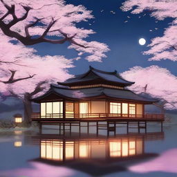 A serene night scene with manga-style cherry blossom trees by a lake