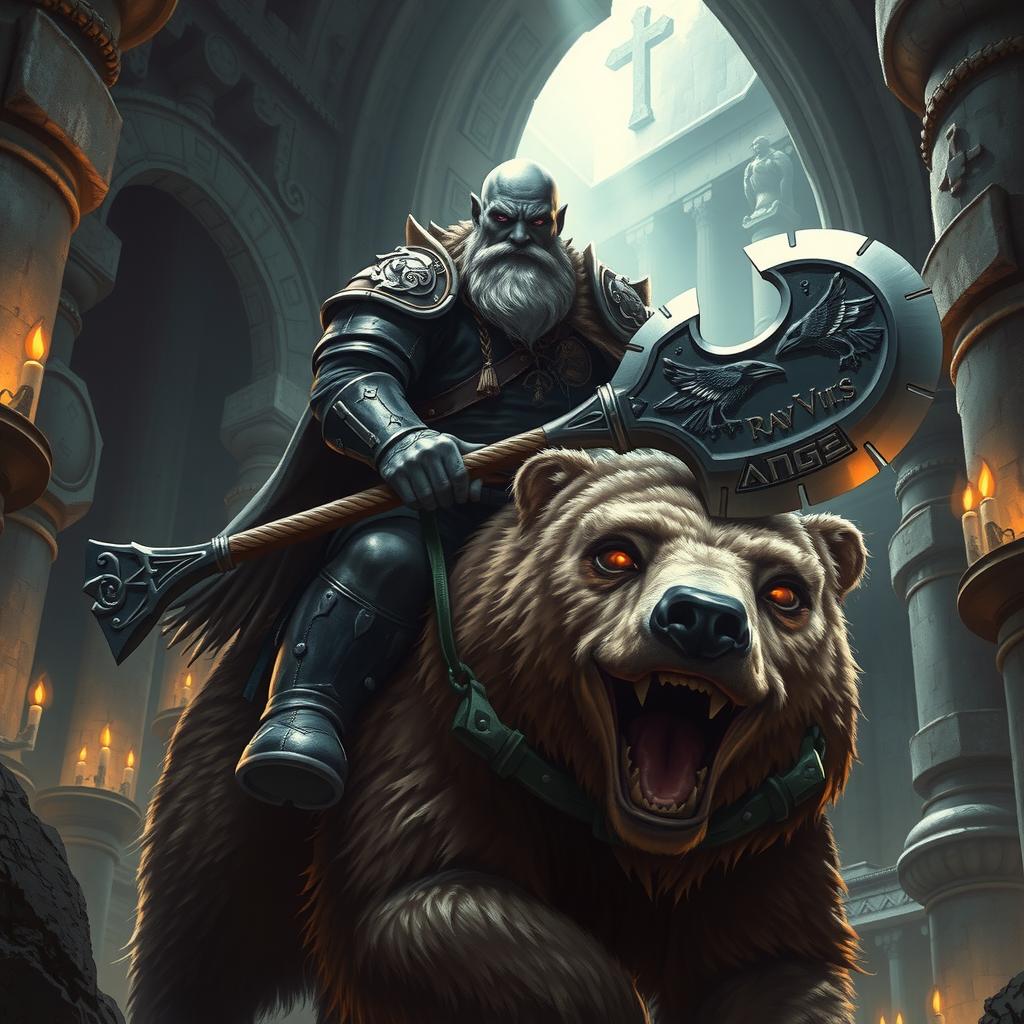 A bald duergar paladin with purple eyes, a thick white beard, and charcoal skin, holding a raven-themed battle axe, rides a massive hairy bear in an ancient underground fortress