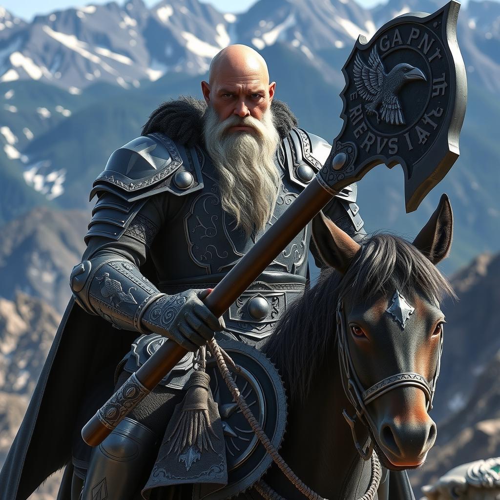 A bald duergar paladin with purple eyes, a thick white beard, and charcoal skin, holding a raven-themed battle axe, rides a sturdy pony in a remote mountain range