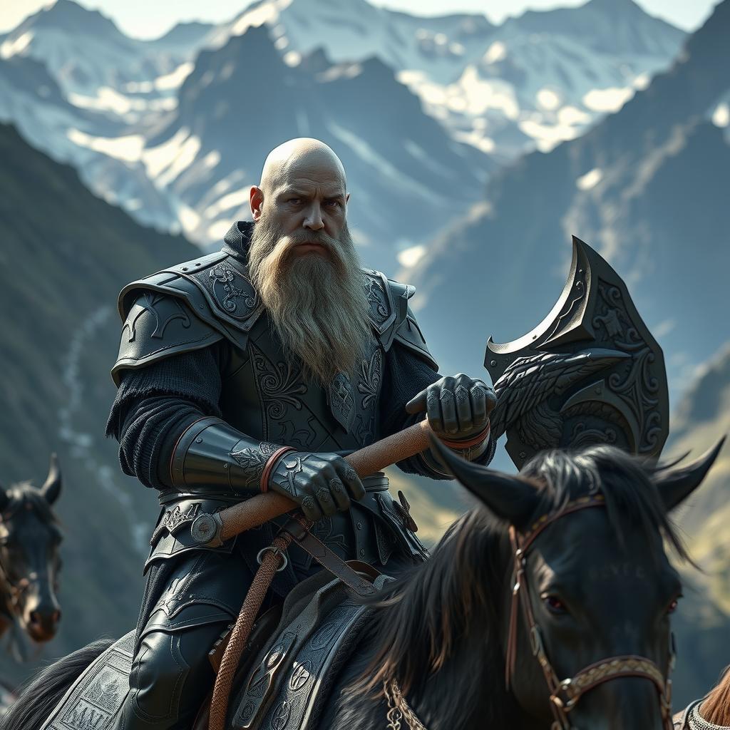 A bald duergar paladin with purple eyes, a thick white beard, and charcoal skin, holding a raven-themed battle axe, rides a sturdy pony in a remote mountain range