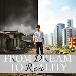 A book cover titled 'From Dream to Reality' shows a young man standing at the dividing line between two scenes