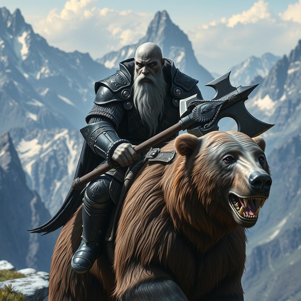 A bald duergar paladin with purple eyes, a thick white beard, and charcoal skin, holding a raven-themed battle axe, rides a massive Kodiak bear in a remote mountain range