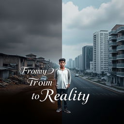 A young man stands at a dividing line between two scenes