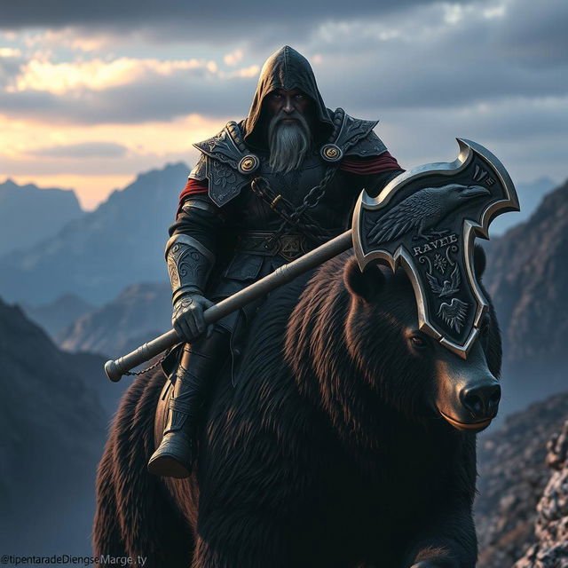 A hooded, bald duergar paladin with purple eyes, a thick white beard, and charcoal skin, holding a raven-themed battle axe, rides a dark Kodiak bear in a remote mountain range