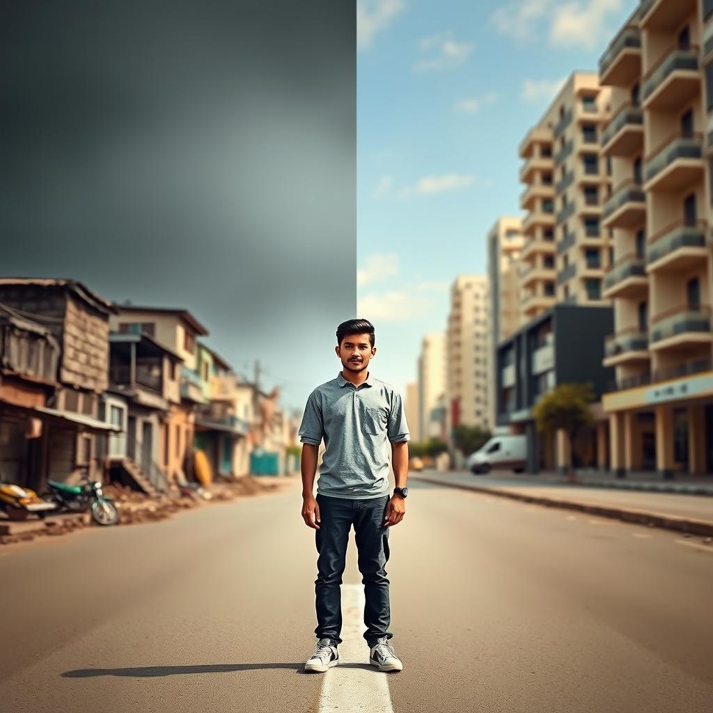 A young man stands at a dividing line between two scenes