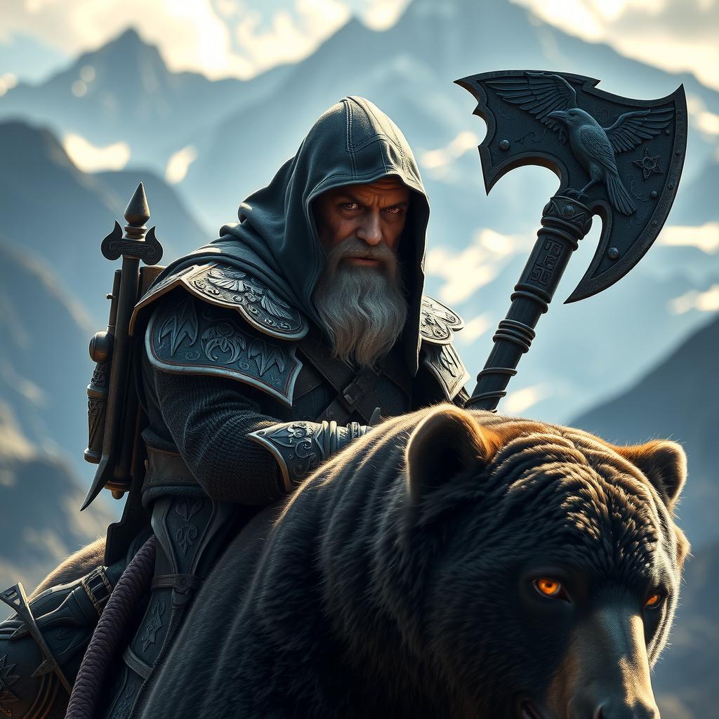 A hood-wearing bald duergar paladin with purple eyes, a thick white beard, and charcoal skin, with a raven-themed battle axe attached to his back, rides a dark Kodiak bear in a remote mountain range