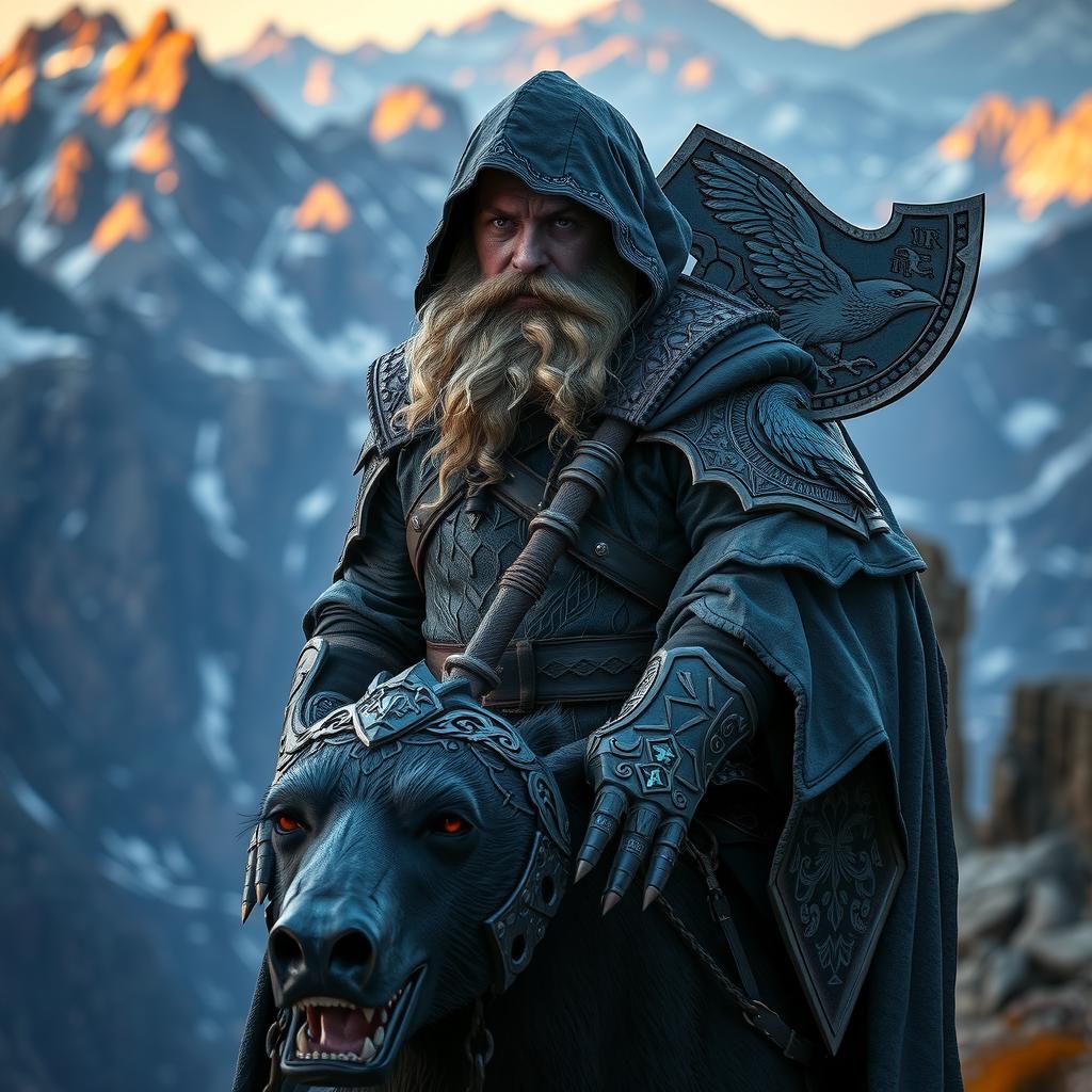 A hooded, bald duergar paladin with purple eyes, a thick white beard, and charcoal-purple skin, with a raven-themed battle axe attached to his back, rides a dark Kodiak bear in a remote mountain range