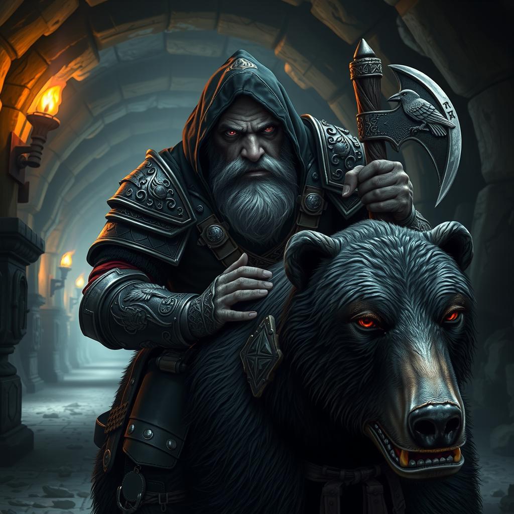 A hood-wearing bald duergar paladin with purple eyes, a thick white beard, and charcoal-purple skin, with a raven-themed battle axe attached to his back, rides a dark Kodiak bear in an underground pass