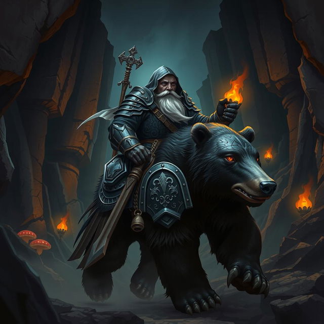 A hood-wearing bald duergar paladin with purple eyes, a thick white beard, and charcoal-purple skin rides a dark Kodiak bear in an underground pass