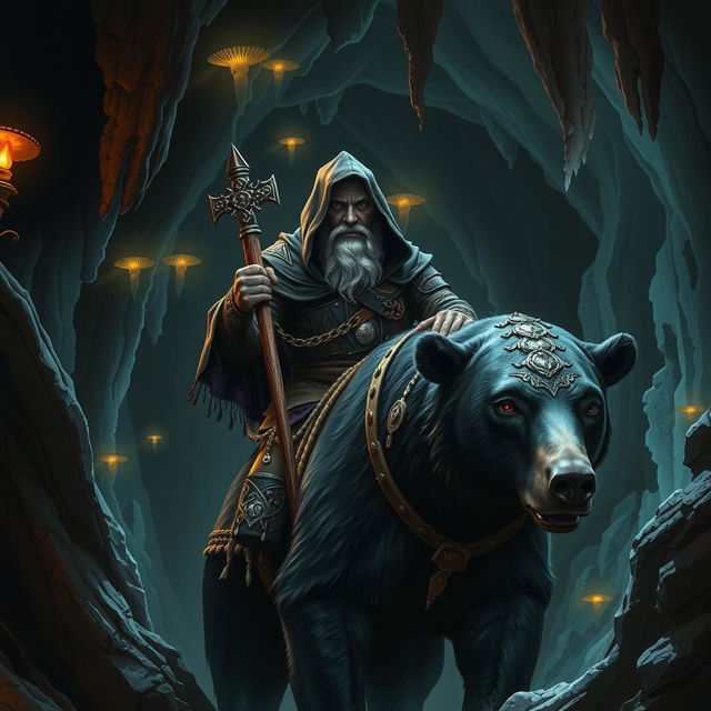 A hood-wearing bald duergar paladin with purple eyes, a thick white beard, and charcoal purple skin rides a dark Kodiak bear in an underground pass