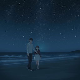 A melancholic scene featuring a man and a girl walking on the shore at night under an infinite starry sky