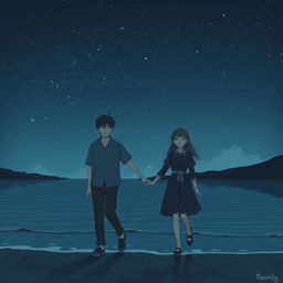 A melancholic scene featuring a man and a girl walking on the shore at night under an infinite starry sky