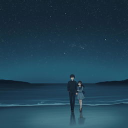 A melancholic scene featuring a man and a girl walking on the shore at night under an infinite starry sky