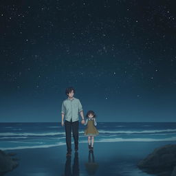 A melancholic scene featuring a man and a girl walking on the shore at night under an infinite starry sky