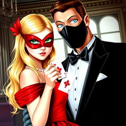 Create a book cover featuring a blonde girl in a red dress with a matching red eye mask