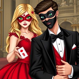 Create a book cover featuring a blonde girl in a red dress with a matching red eye mask