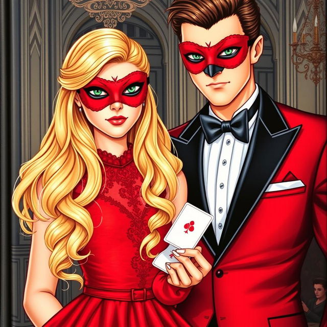 Create a book cover featuring a blonde girl in a red dress with a matching red eye mask