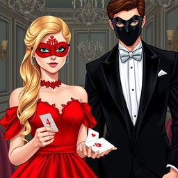 Create a book cover featuring a blonde girl in a red dress with a matching red eye mask