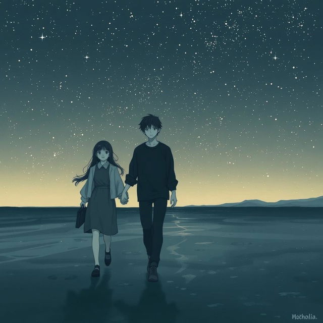 A melancholic scene titled 'Melancholia' featuring a man and a girl walking on the shore at night under an infinite starry sky