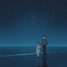 A melancholic scene titled 'Melancholia' featuring a man and a girl walking on the shore at night under an infinite starry sky