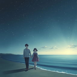 A melancholic scene titled 'Melancholia' featuring a man and a girl walking on the shore at night under an infinite starry sky