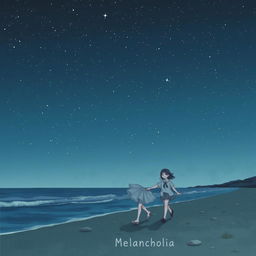 A melancholic scene titled 'Melancholia' featuring a man and a girl walking on the shore at night under an infinite starry sky